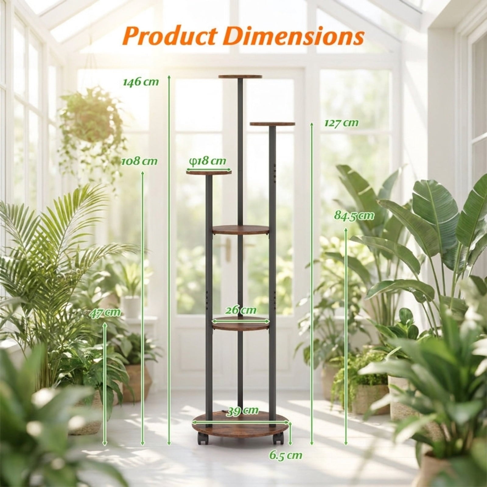 Biotree 6-tier Plant Stand with RGB Light and Wheels 57inch Tall Indoor Display Shelf Flowerpot Holder for Indoor Outdoor Patio Balcony Garden, Rustic Brown
