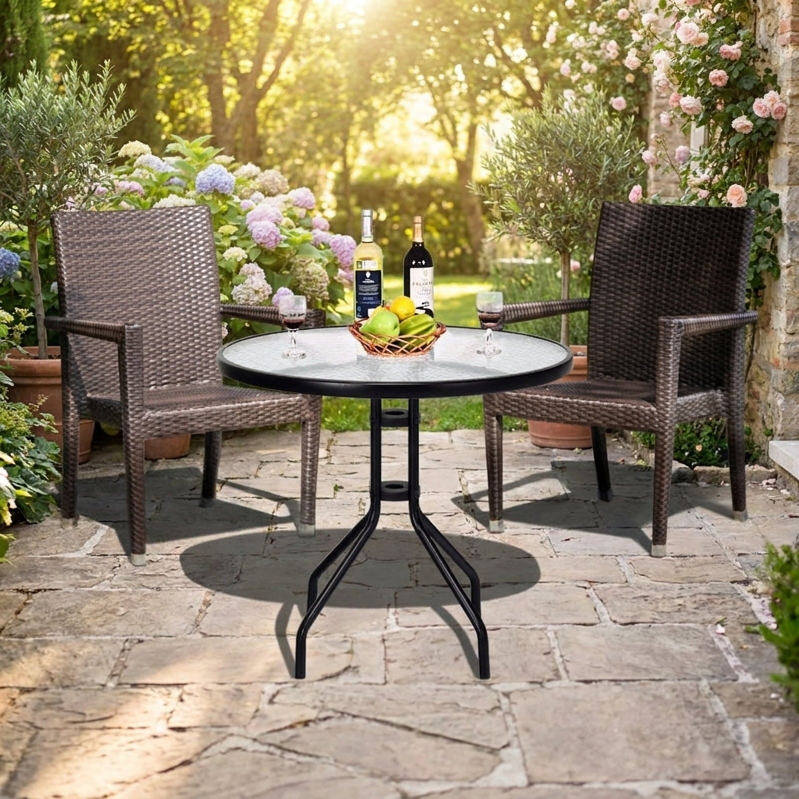 Biotree 32 Inch Outdoor Patio Round Tempered Glass Top Table with Umbrella Hole, Black