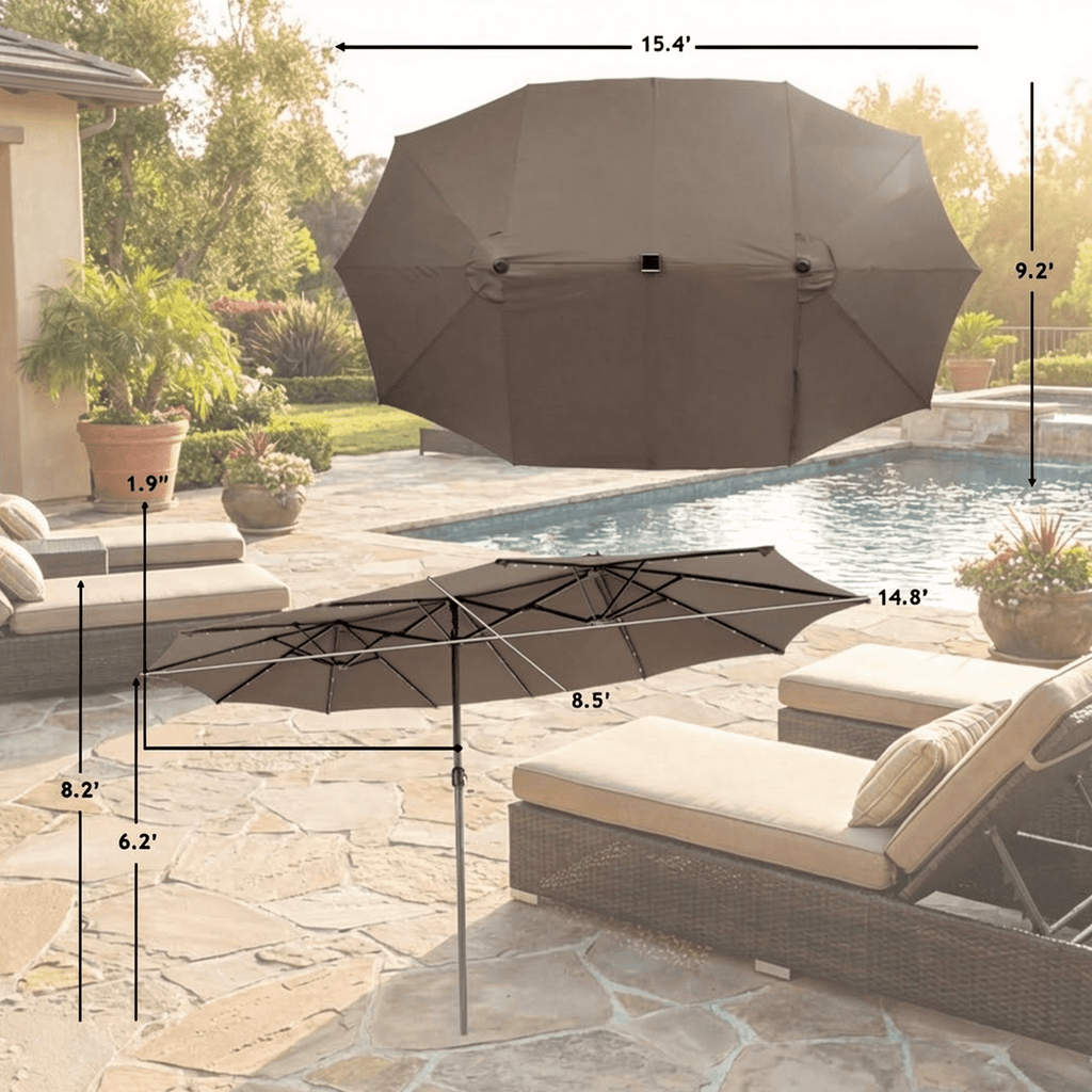 Biotree 15 Feet Twin Patio Umbrella with 48 Solar LED Lights-Light Brown Beige/Light Brown/Orange/Dark Red/Gray/Turquoise