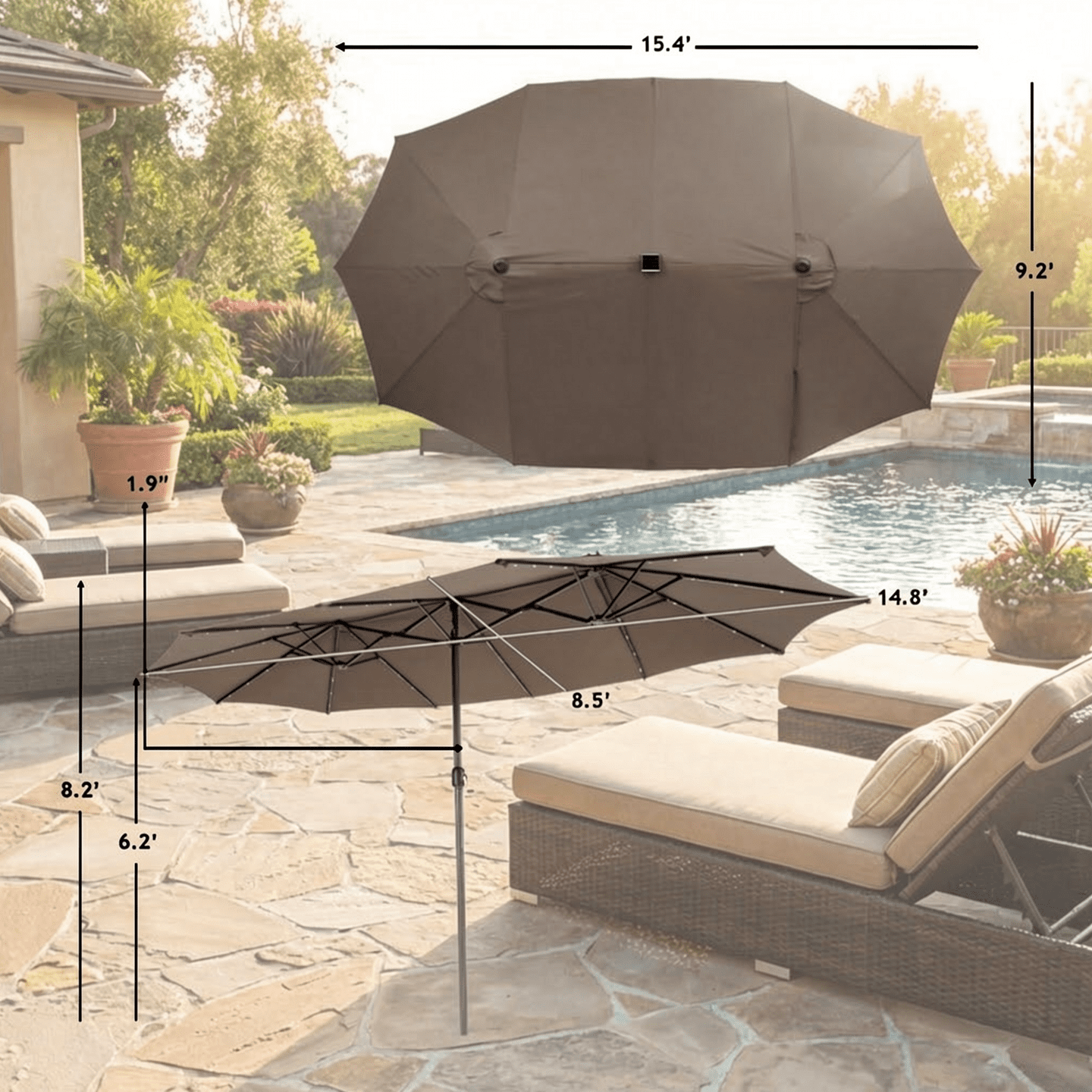 Biotree 15 Feet Twin Patio Umbrella with 48 Solar LED Lights-Light Brown Beige/Light Brown/Orange/Dark Red/Gray/Turquoise