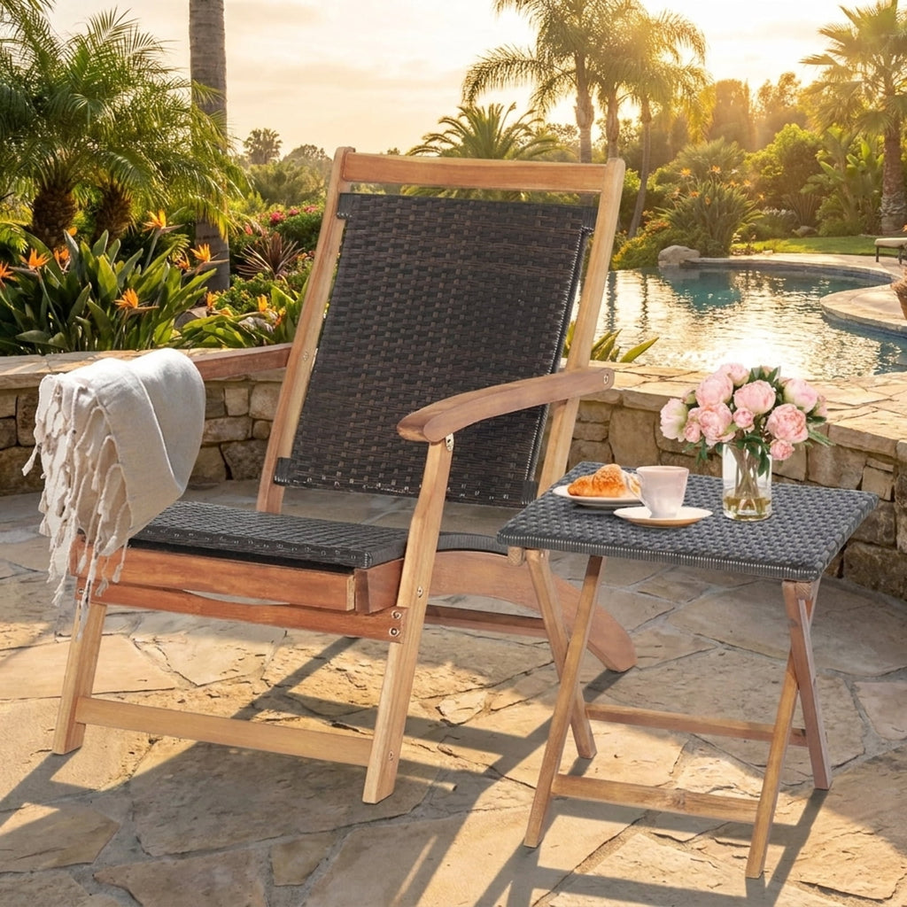 Biotree 2 Pieces Patio Rattan Folding Lounge Chair with Acacia Wood Table Stackable Patio Chair for Garden BackyardMix Brown