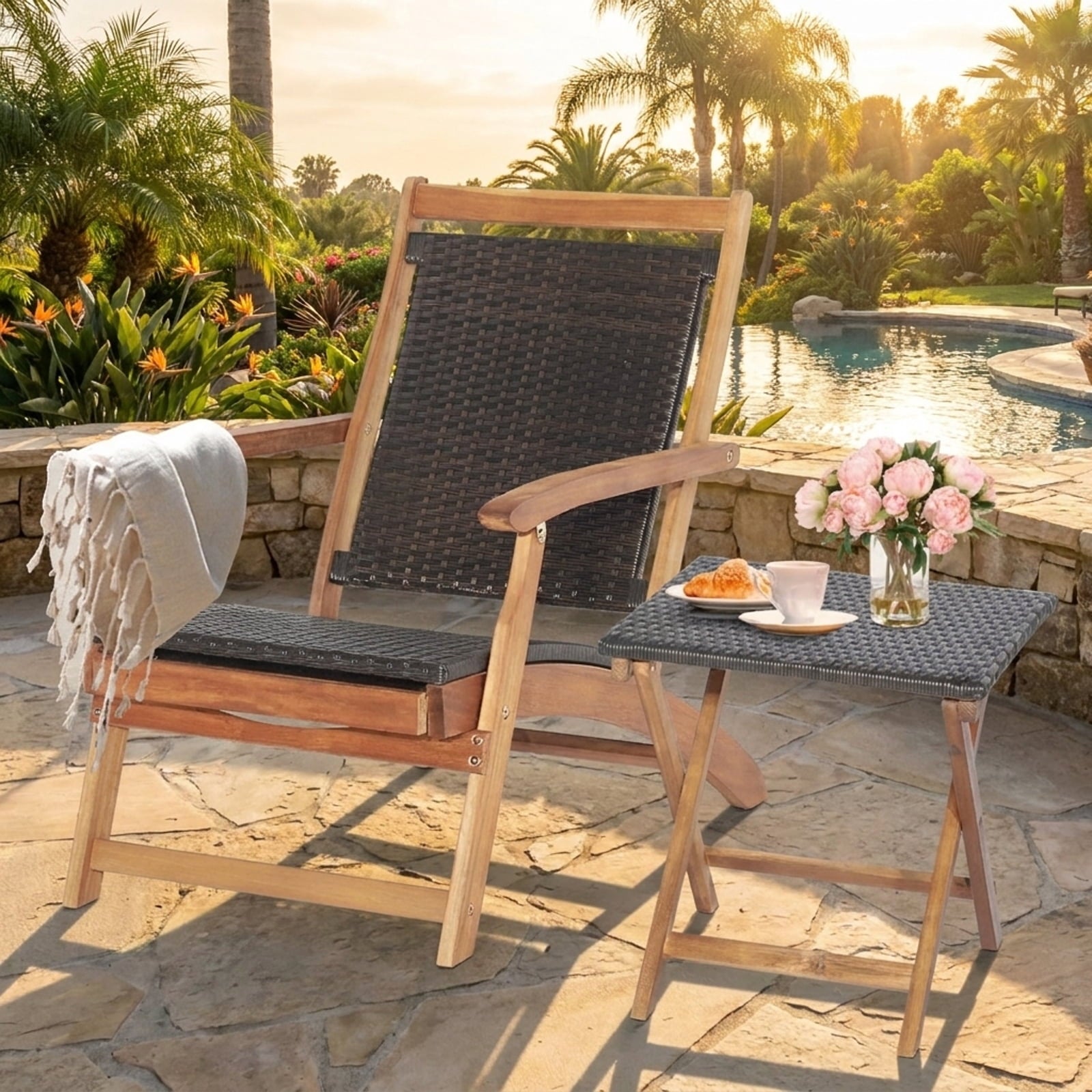 Biotree 2 Pieces Patio Rattan Folding Lounge Chair with Acacia Wood Table Stackable Patio Chair for Garden BackyardMix Brown