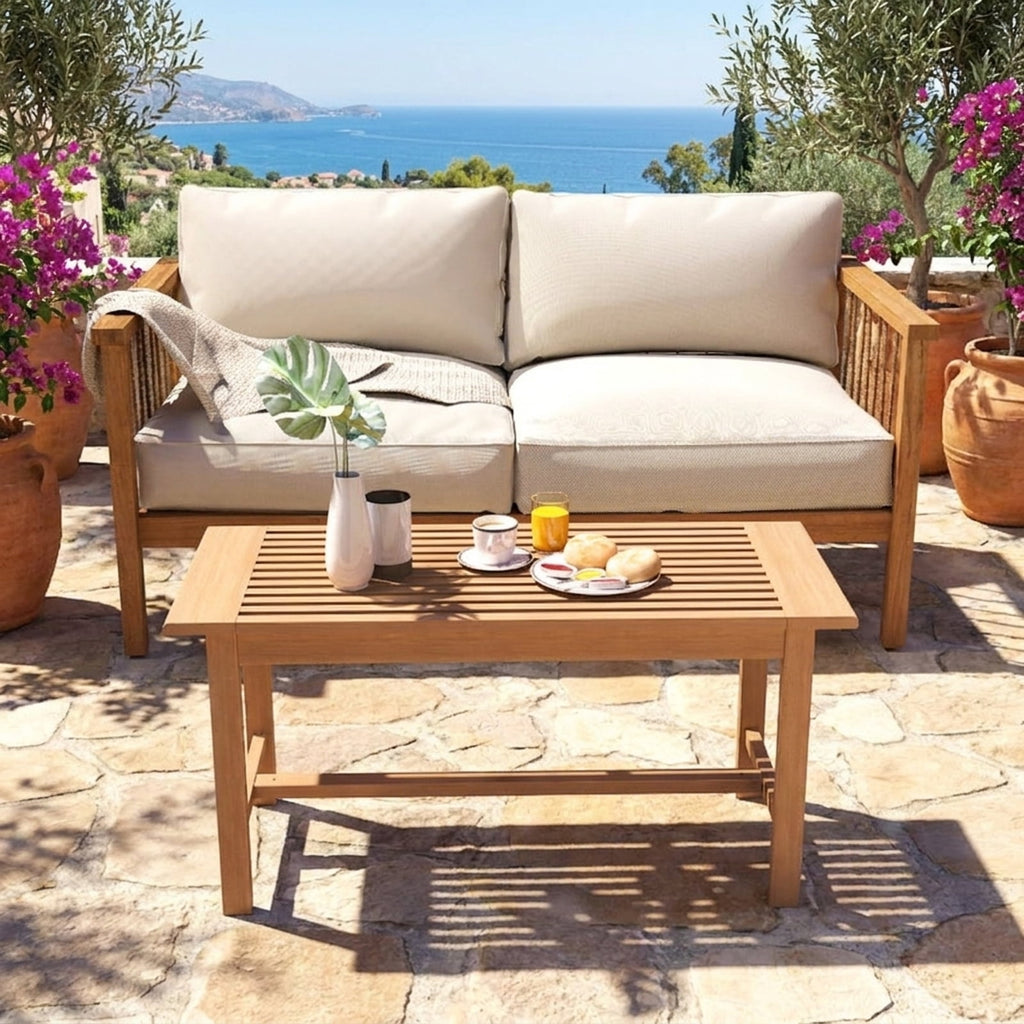 Biotree Patio Coffee Table 36 Inch Rectangular Outside Side Table with Slatted Tabletop, Natural
