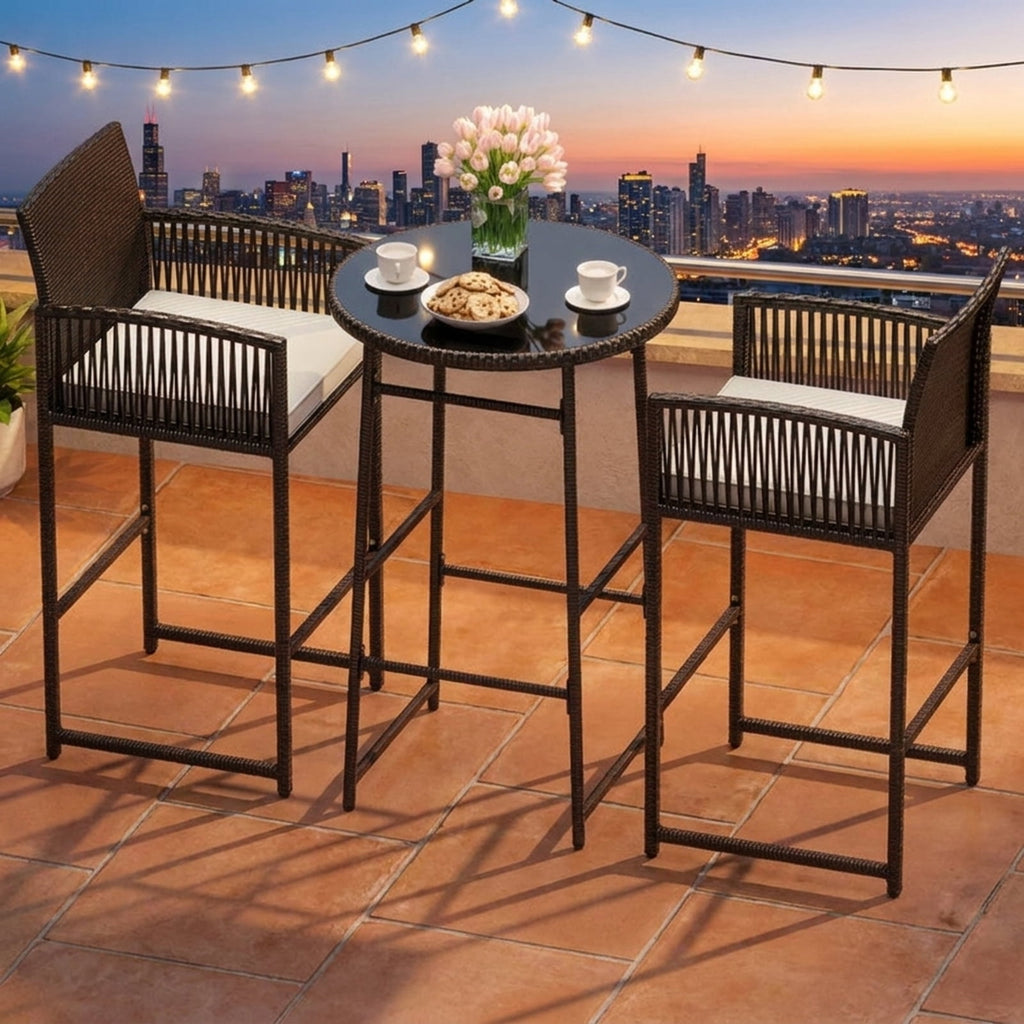 Biotree 3-Piece Patio Bar Set with Round Glass Table and Rattan Armchairs, White - Outdoor Patio Bar Height Furniture Set for Deck Garden