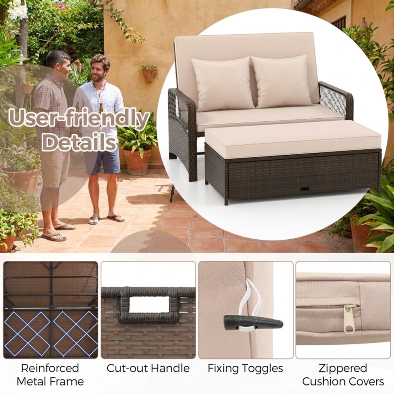 Biotree Patio Adjustable Wicker Daybed with 4-Level Backrest and Soft Cushions Outdoor Conversation Set for Garden Backyard PorchBeige