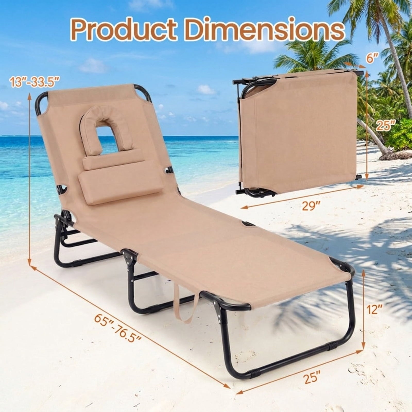 Biotree Beach Chaise Lounge Chair with Face Hole and Removable Pillow Stackable Patio Chair for Garden BackyardBeige