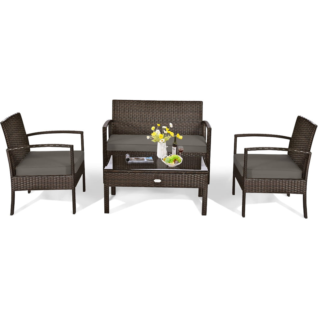 Biotree 4-Piece Patio Rattan Set with Loveseat and Table-Brown