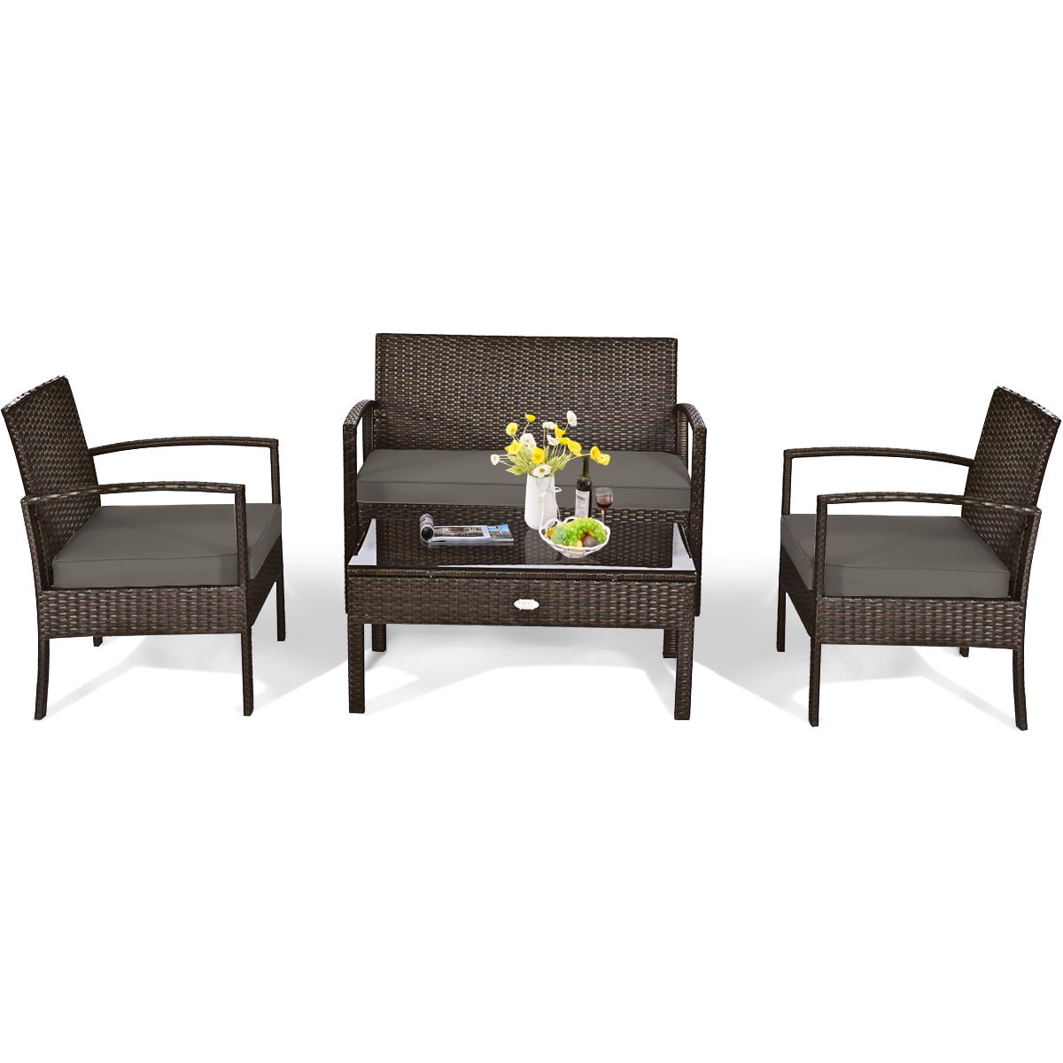 Biotree 4-Piece Patio Rattan Set with Loveseat and Table-Brown