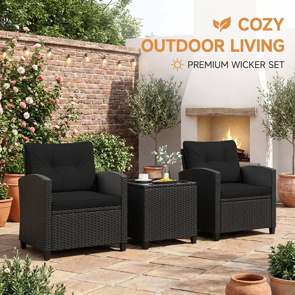 Biotree 3 Pieces Patio Furniture Set with Tempered Glass Coffee Table Outdoor Conversation Set for Garden Backyard PorchBlack