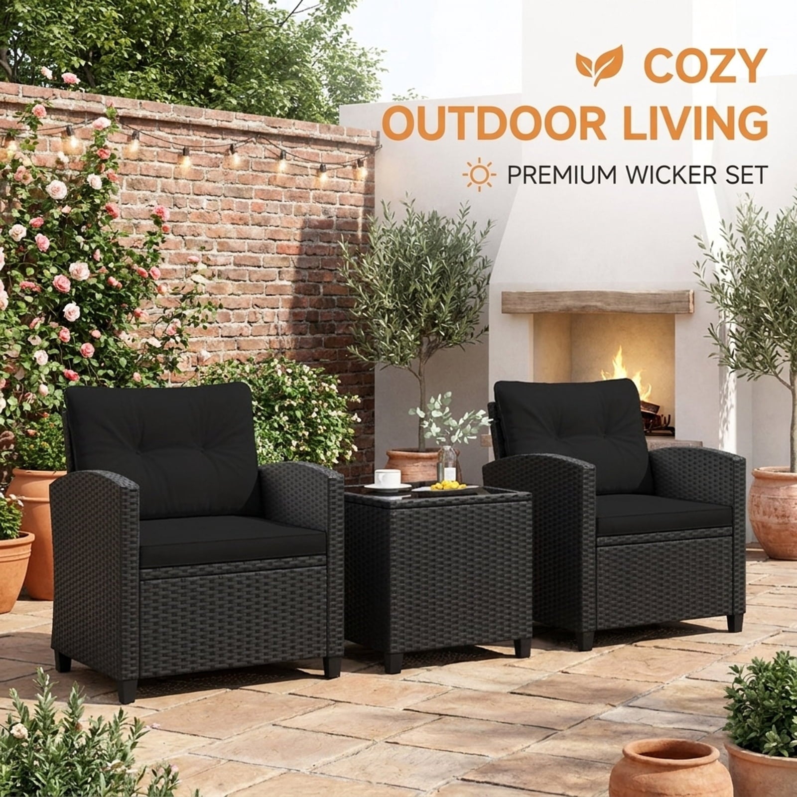Biotree 3 Pieces Patio Furniture Set with Tempered Glass Coffee Table Outdoor Conversation Set for Garden Backyard PorchBlack