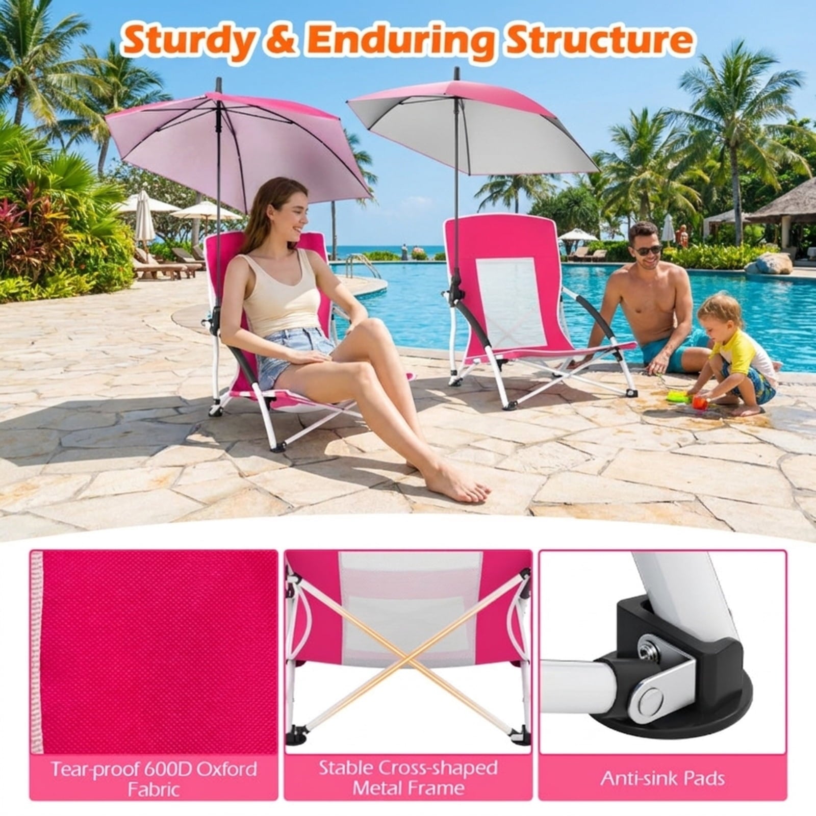 Biotree 2 Pack Beach Umbrella Chair for Adults with Adjustable Parasol Stackable Patio Chair for Garden BackyardPink