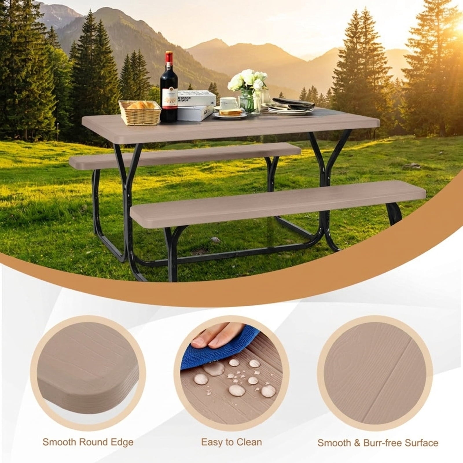 Biotree HDPE Outdoor Picnic Table Bench Set with Metal Base, Coffee