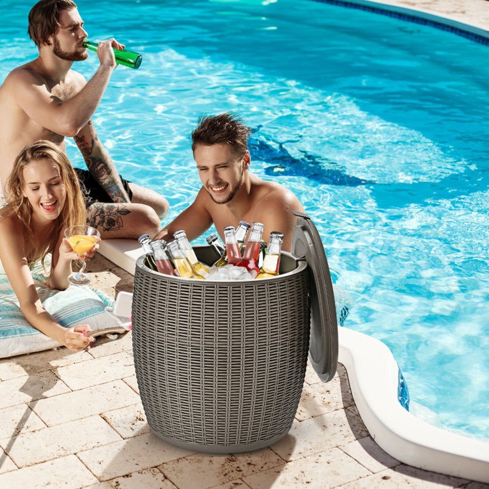 Biotree 9.5 Gallon 4-in-1 Patio Rattan Cool Bar Cocktail Table Side Table, Brown