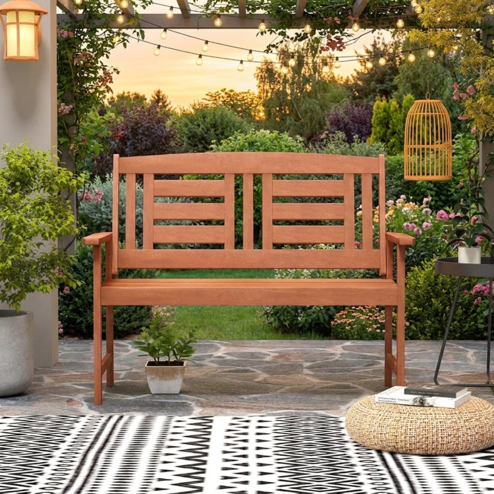Biotree Outdoor Solid Wood Loveseat Hardwood 2-Seat Bench with Inclined Backrest and Slatted SeatTeak