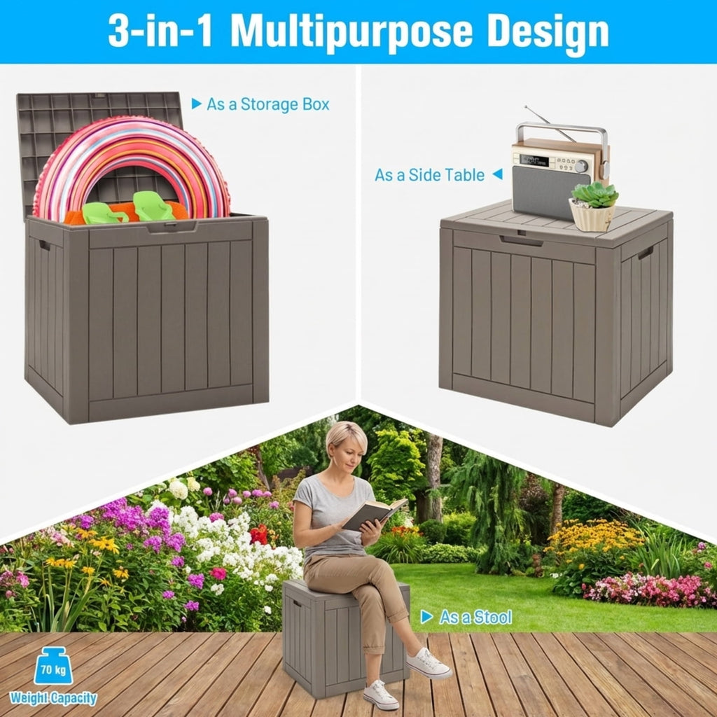 Biotree 30 Gallon Deck Box Storage Container Outdoor Patio Bench with Lid for Seating Tools Pool, Weatherproof PP Storage Box for Garden Backyard Deck Porch, Light Brown