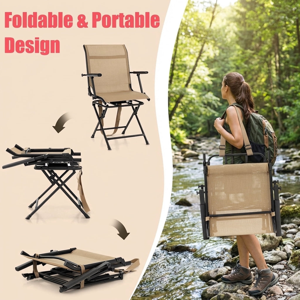Biotree 360 Degree Swivel Hunting Chair Foldable Outdoor Camp Chair with Armrest and Breathable Mesh Back for Camping Fishing, Brown