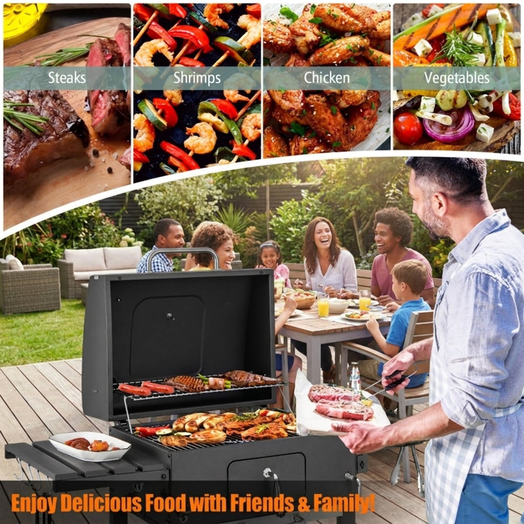Biotree Outdoor BBQ Charcoal Grill with 2 Foldable Side Table and Wheels for Outdoor Backyard Camping Patio BBQ, Black