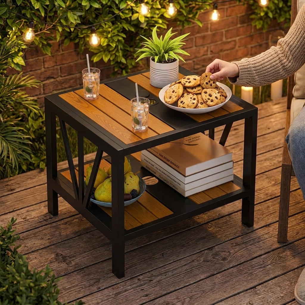 Biotree Outdoor Side Table with Umbrella Hole and Storage Shelf for Porch, Black