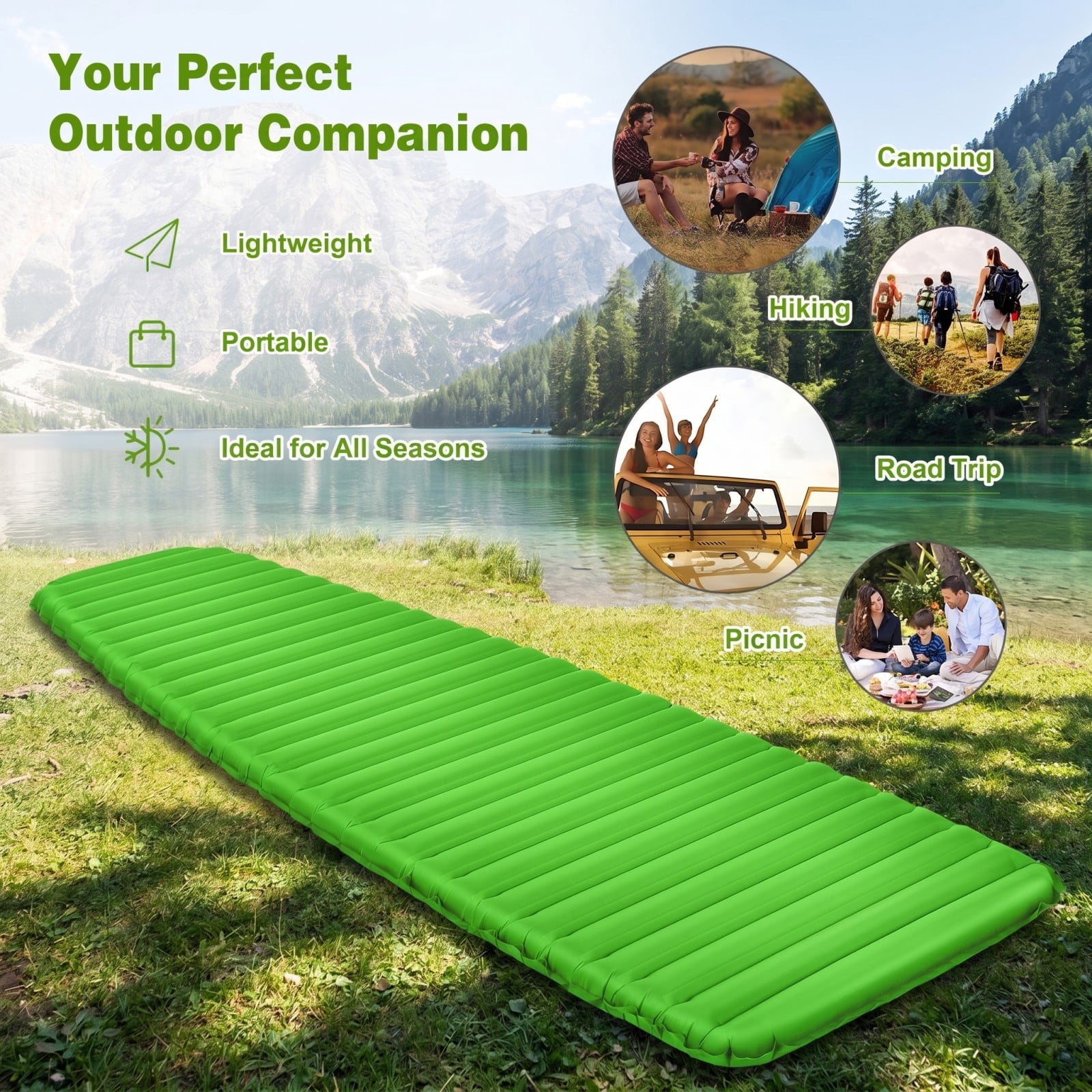 Biotree 3 Inch Thick Inflatable Waterproof Camping Sleeping Pad with Built-In Pump Portable Sleeping Mat for Outdoor, Green