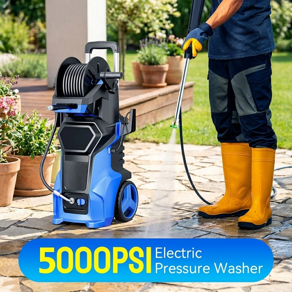 Biotree 5000 PSI Electric Pressure Washer 3.2 GPM Power Washer with Adjustable Pressure Control Panel ,Foam Cannon, 4 Spray Nozzles for Car Driveway Patio Home Cleaning, Blue