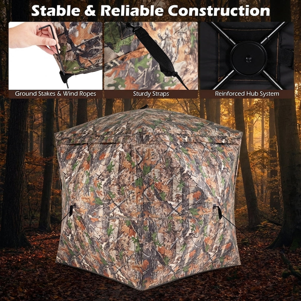Biotree 270 Degree See Through Hunting Blind Tent with Silent Magnetic Door Pop Up Ground Blind for Deer Turkey, Camouflage