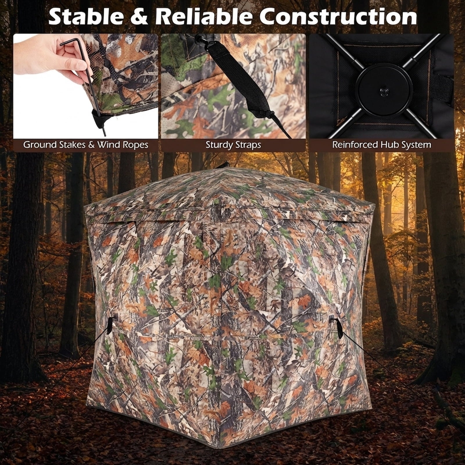 Biotree 270 Degree See Through Hunting Blind Tent with Silent Magnetic Door Pop Up Ground Blind for Deer Turkey, Camouflage