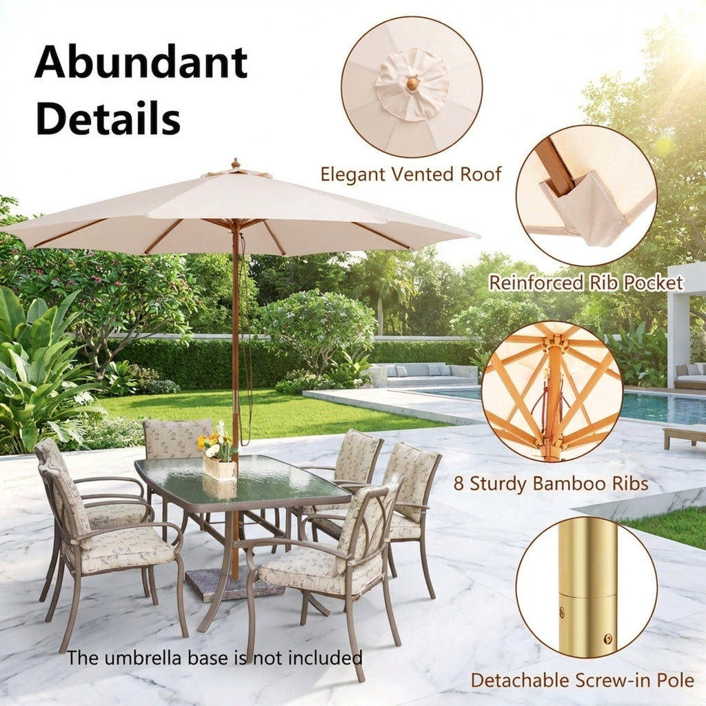 Biotree 10 Feet Patio Umbrella with 8 Wooden Ribs and 3 Adjustable Heights-Beige Deck Garden Pool Outdoor Living
