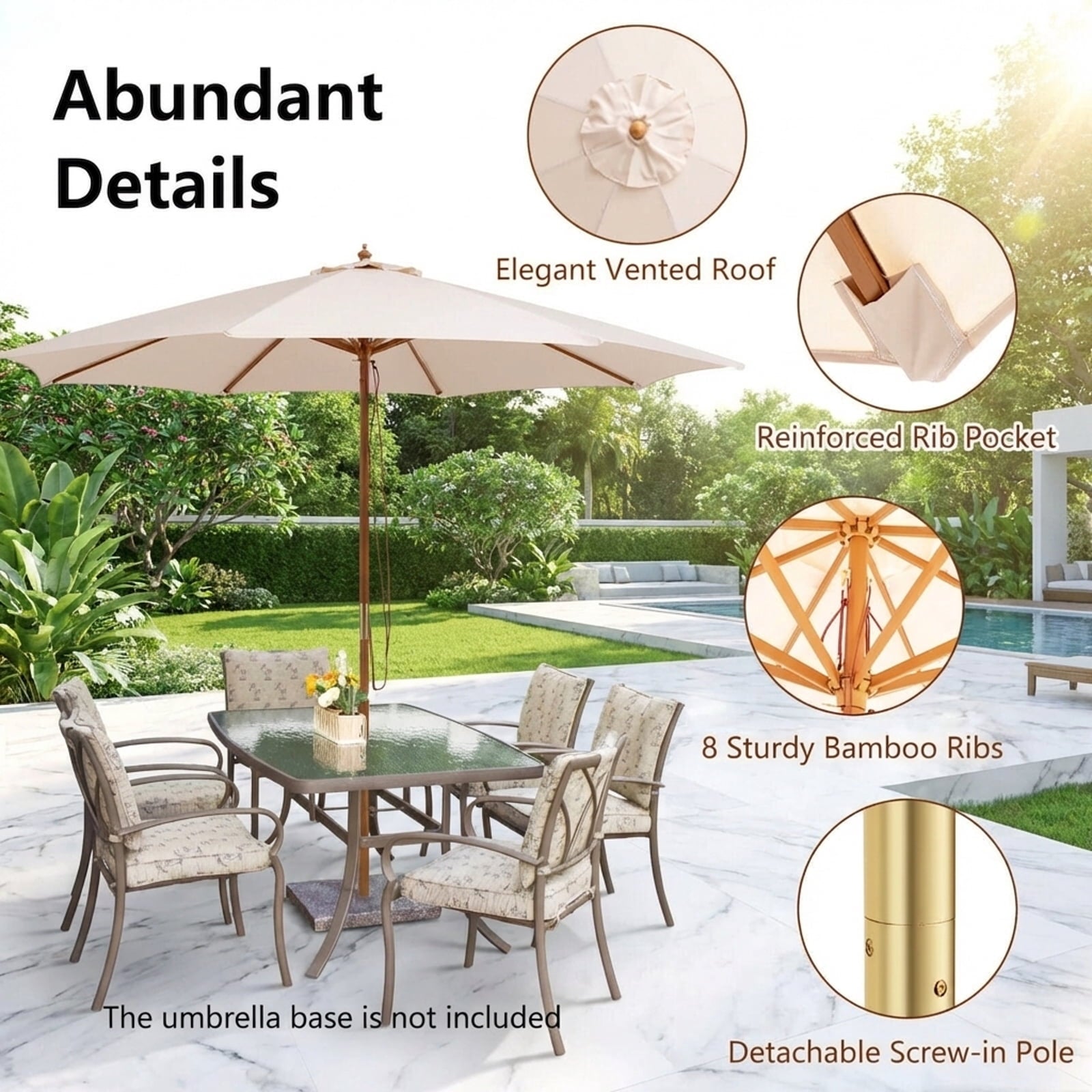 Biotree 10 Feet Patio Umbrella with 8 Wooden Ribs and 3 Adjustable Heights-Beige Deck Garden Pool Outdoor Living