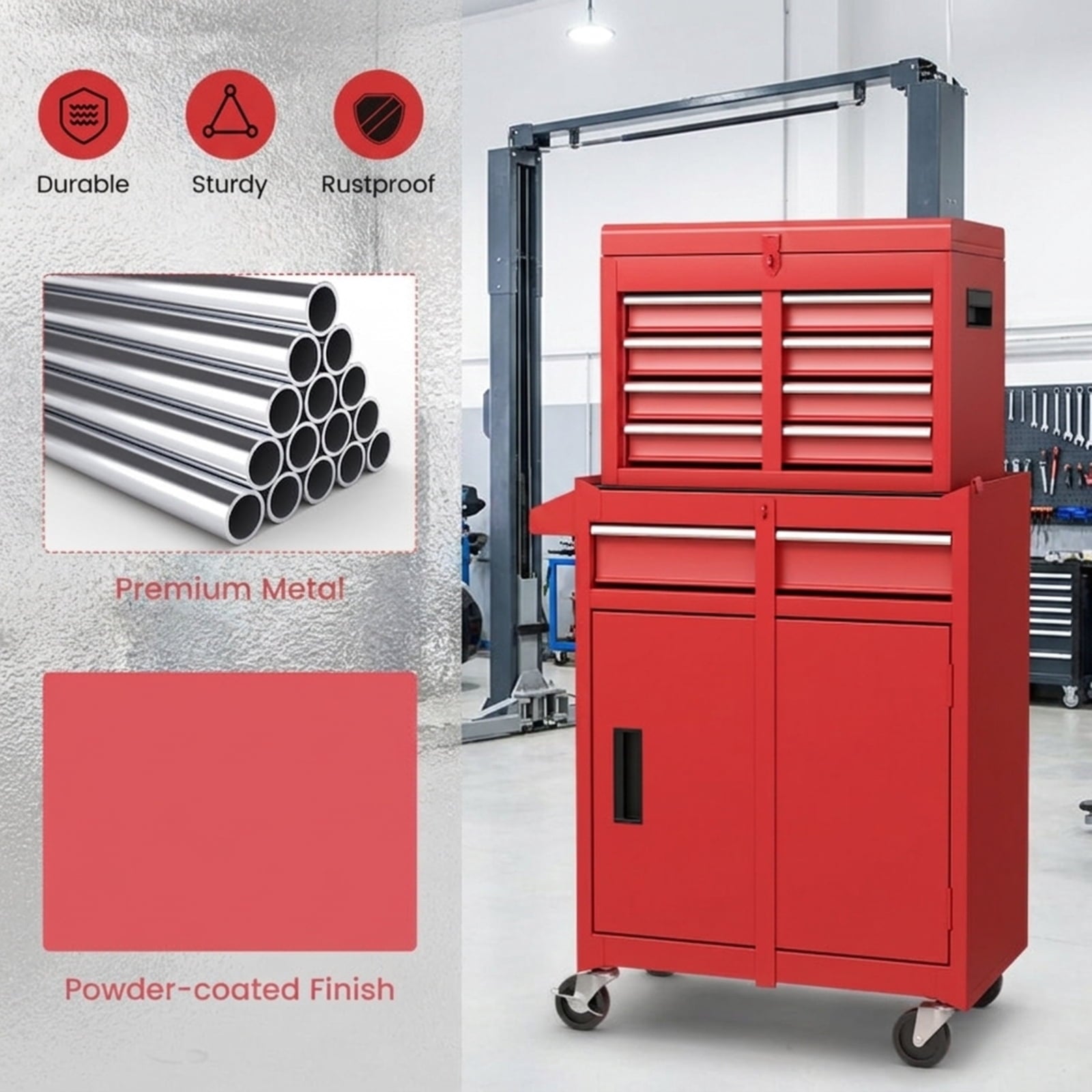 Biotree 2-in-1 Tool Chest and Cabinet with 5 Sliding Drawers Outdoor Waterproof for Patio Deck Garden Cushions, Red