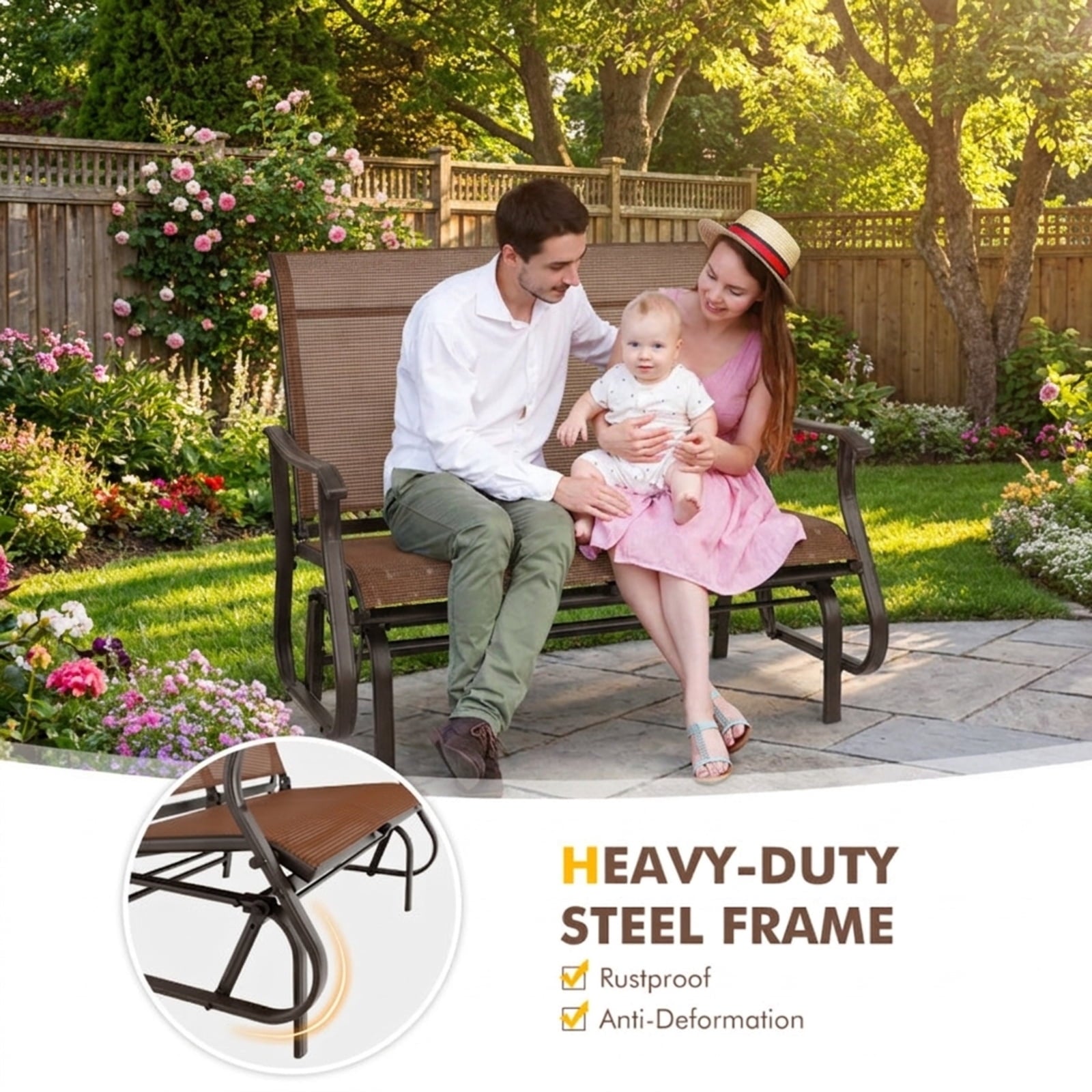 Biotree 2-Person Patio Glider Bench with High Back and Curved Armrests Stackable Patio Chair for Garden BackyardBrown