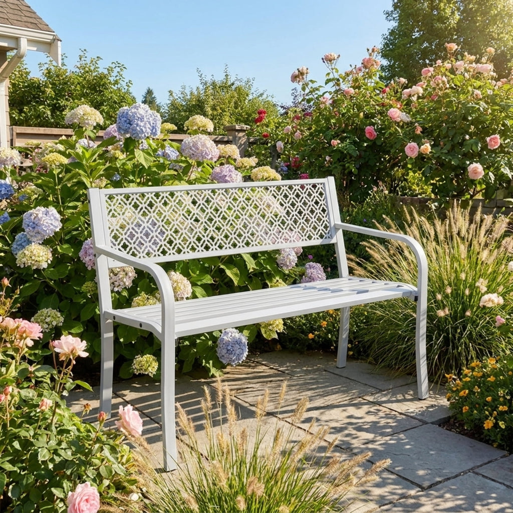 Biotree 50 Inches Outdoor Garden Bench with Geometric Lattice Backrest and Slatted Seat Stackable Patio Chair for Garden BackyardGray