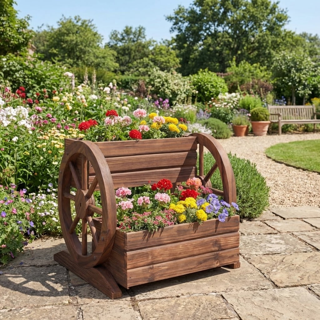 Biotree 2-Tier Raised Garden Bed Rustic Wood Wagon Shape with Drainage Holes and Wheels-Coffee Brown