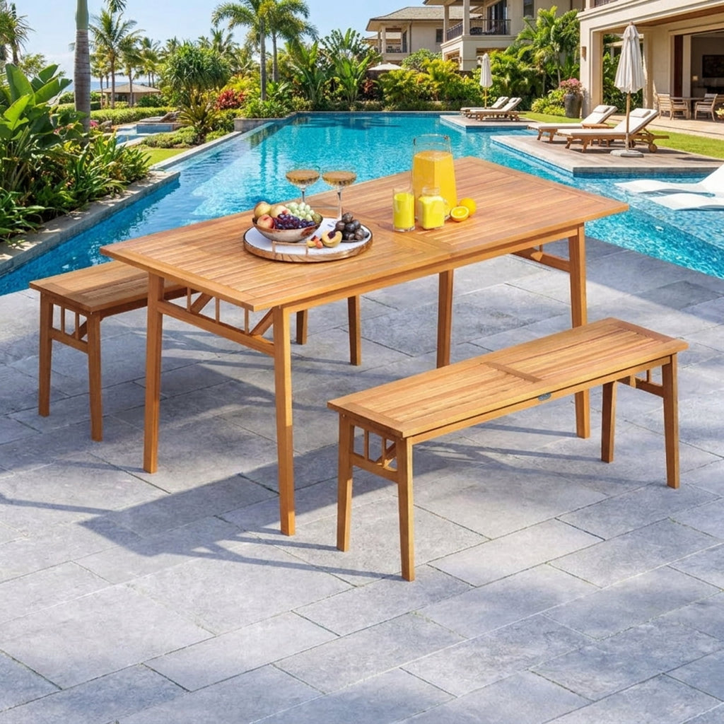 Biotree 63-Inch Outdoor Wooden Dining Table with Umbrella Hole and Stable Base, Natural