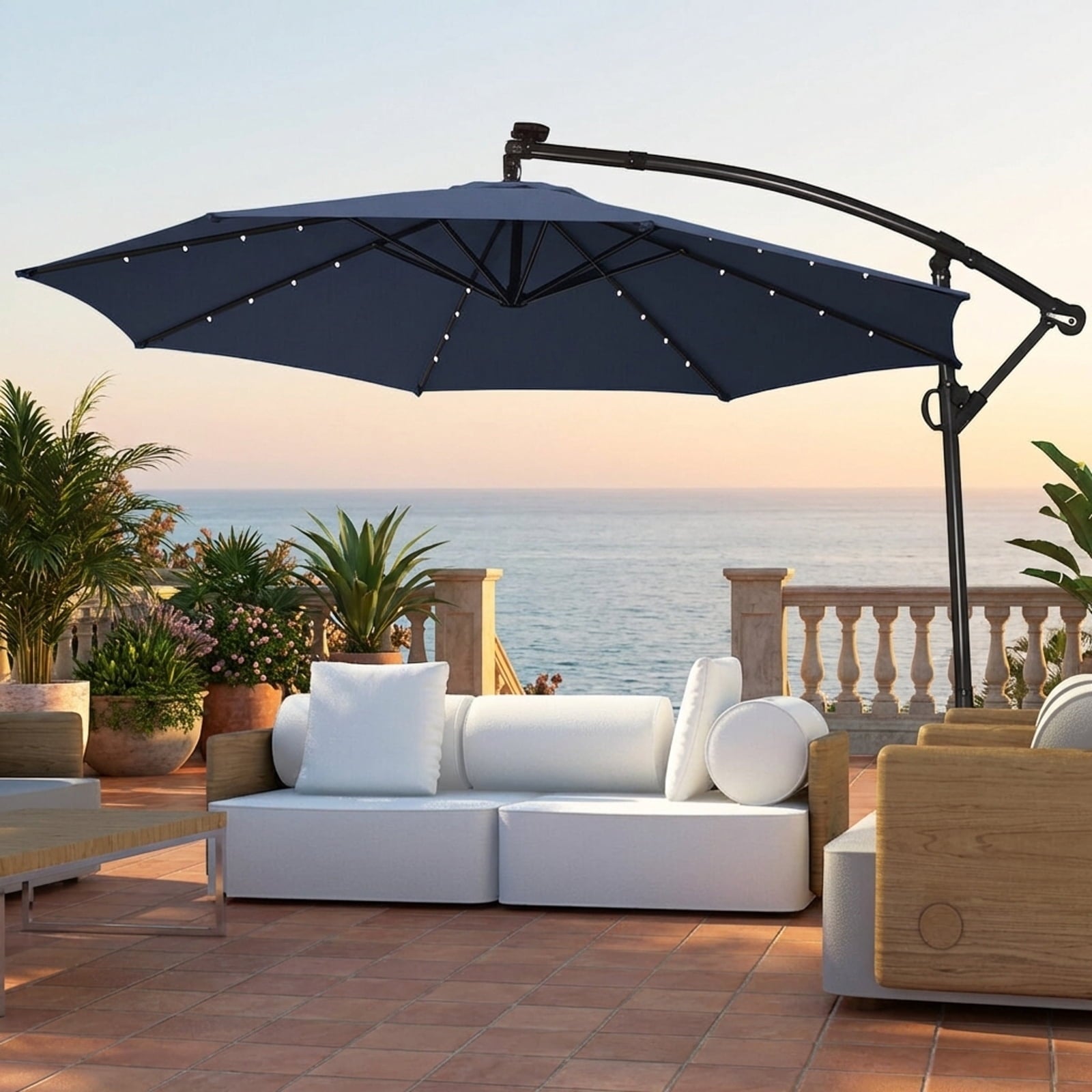 Biotree 10 ft 360¡ã Rotation Solar Powered LED Patio Offset Umbrella without Weight Base-Navy Outdoor