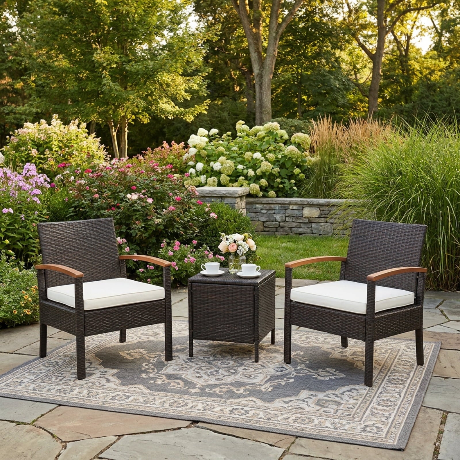 Biotree 3 Pieces Patio Rattan Furniture Set with Removable Cushion Outdoor Conversation Set for Garden Backyard PorchOff White