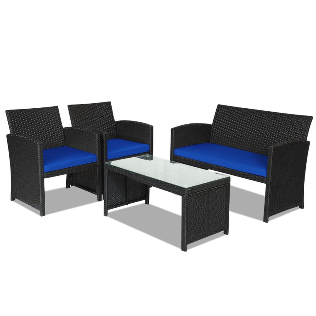 Biotree 4 Pieces Rattan Patio Furniture Set with Weather Resistant Cushions and Tempered Glass TabletopNavy