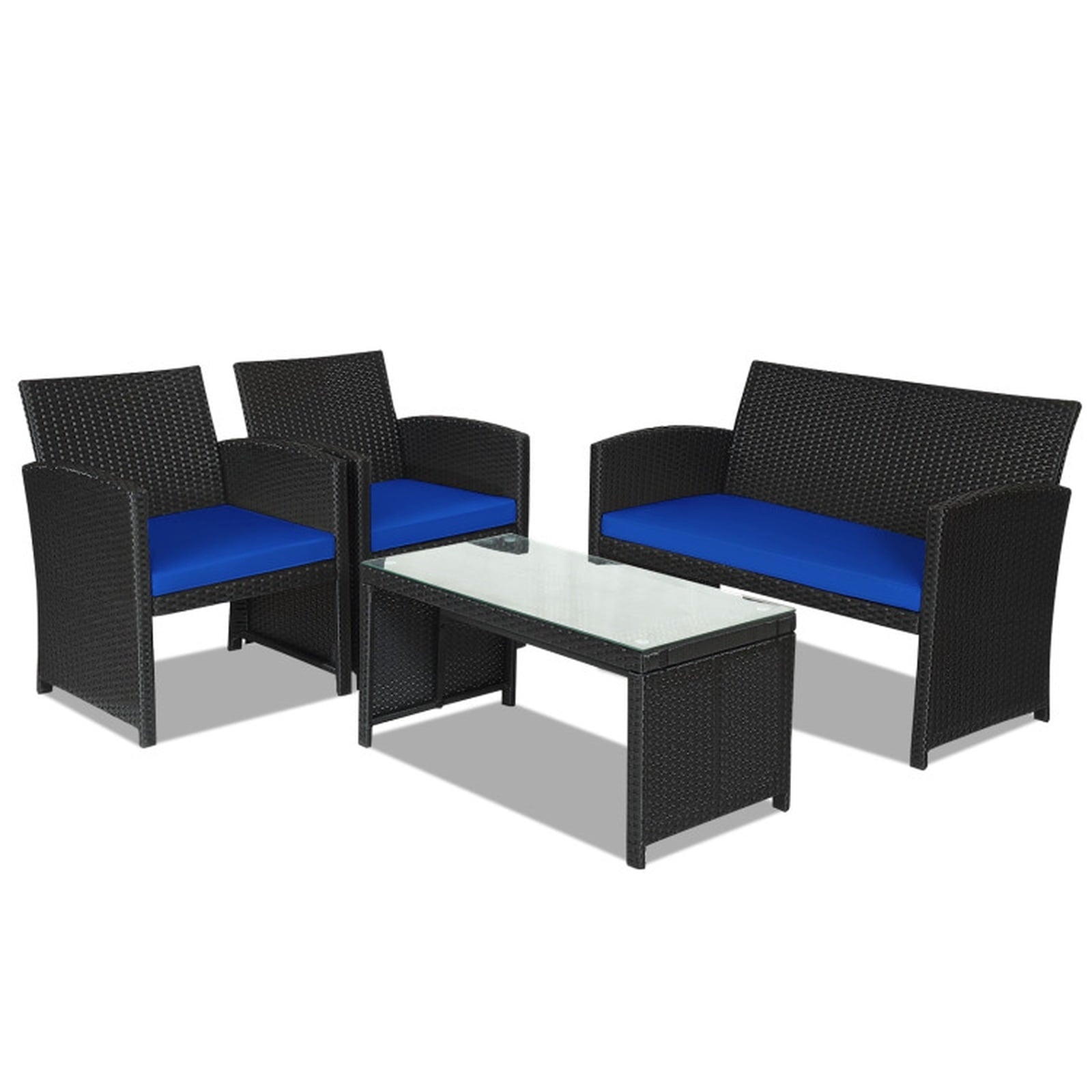 Biotree 4 Pieces Rattan Patio Furniture Set with Weather Resistant Cushions and Tempered Glass TabletopNavy