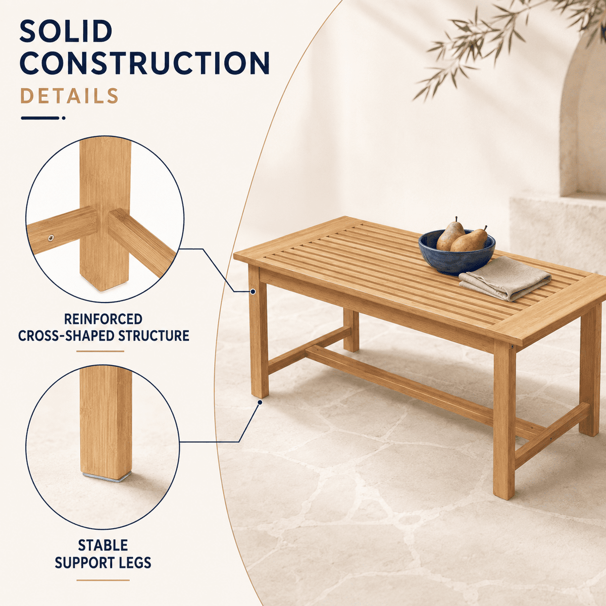 Biotree 36-Inch Rectangular Teak Wood Patio Coffee Table with Slatted Top, Reinforced Outdoor Side Table for Garden, Poolside and Balcony, Natural