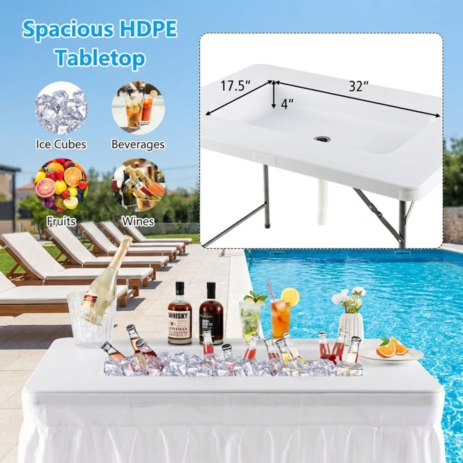 Biotree 4 Feet Folding Ice Bin Table with Skirt for Camping Picnic Wedding with Ice Bucket, White