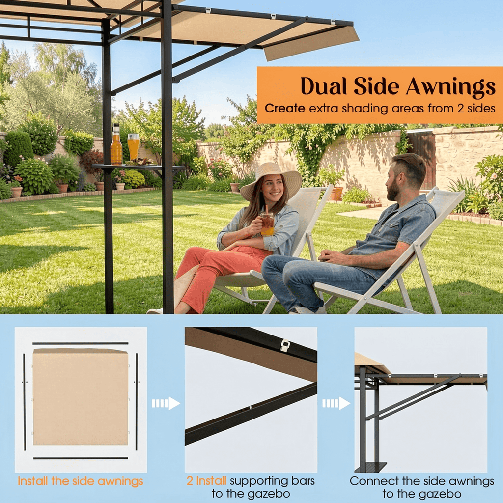 Biotree 13.5 x 4 Feet Patio BBQ Grill Gazebo Canopy with Dual Side Awnings Brown - Outdoor Patio Backyard Garden Shade Canopy Shelter