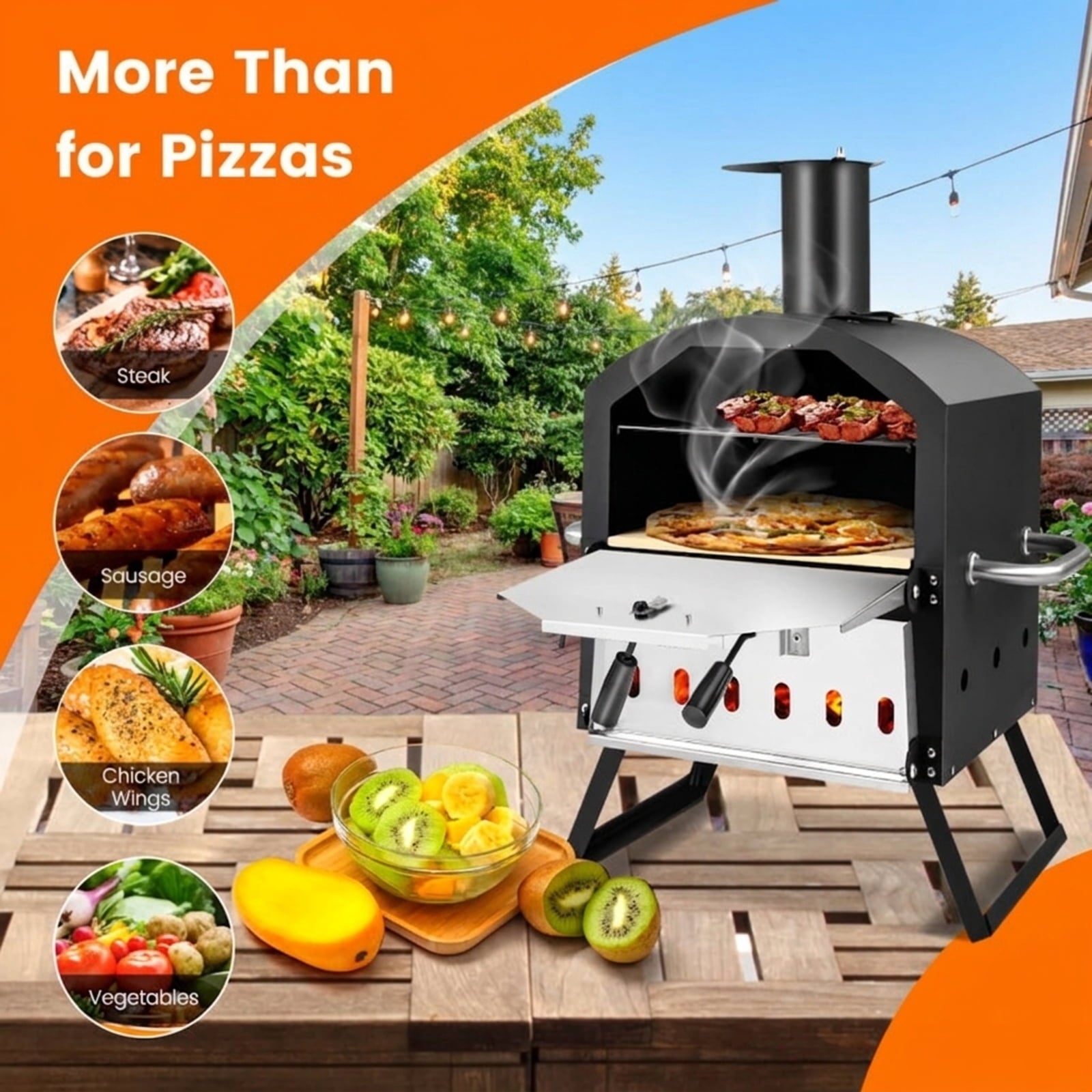 Biotree Outdoor Pizza Oven with Anti-scalding Handles and Foldable Legs for Outdoor Backyard Camping Patio BBQ, Black