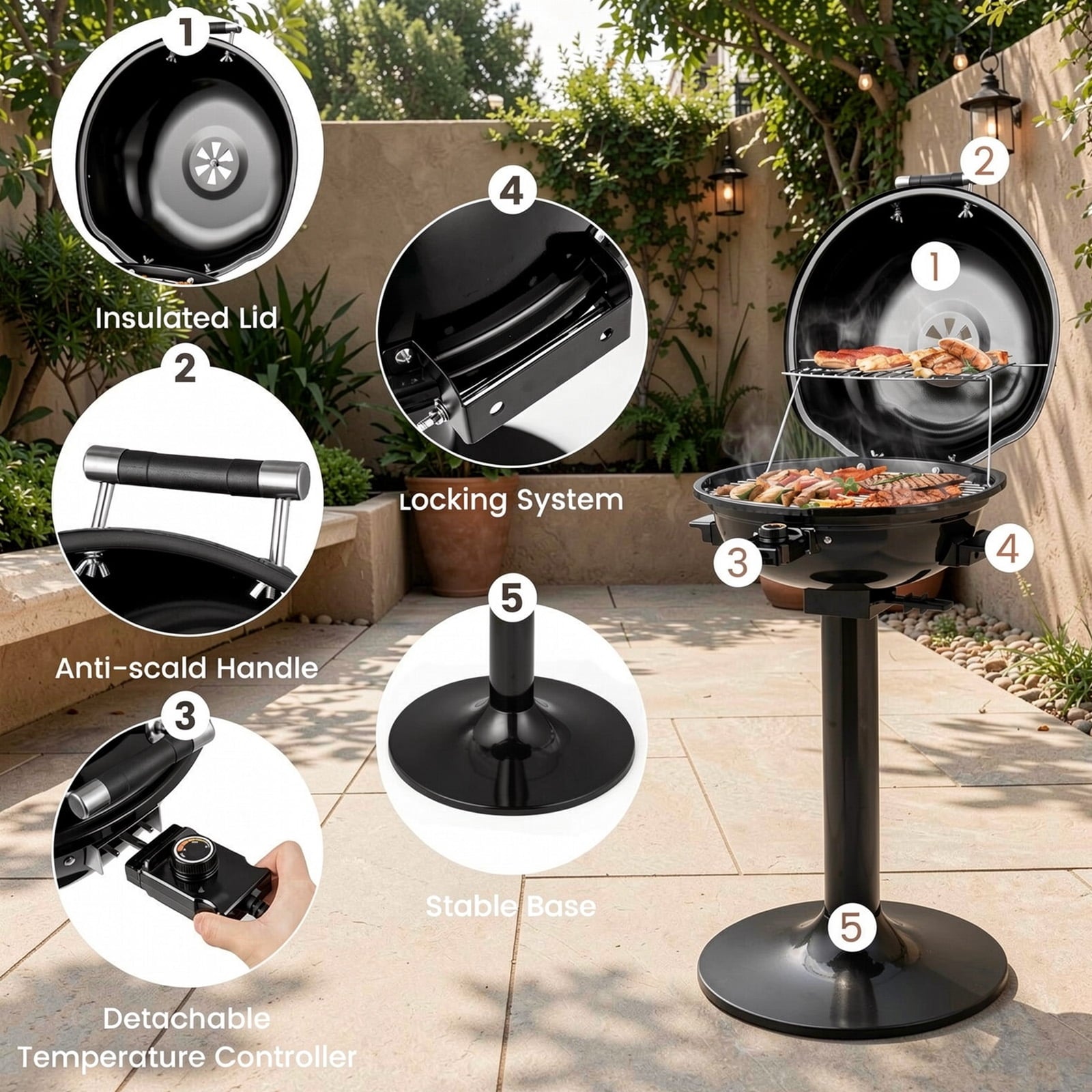 Biotree 1600W Electric BBQ Grill with Removable Non-Stick Warming Rack Outdoor Cooking Patio Summer Party