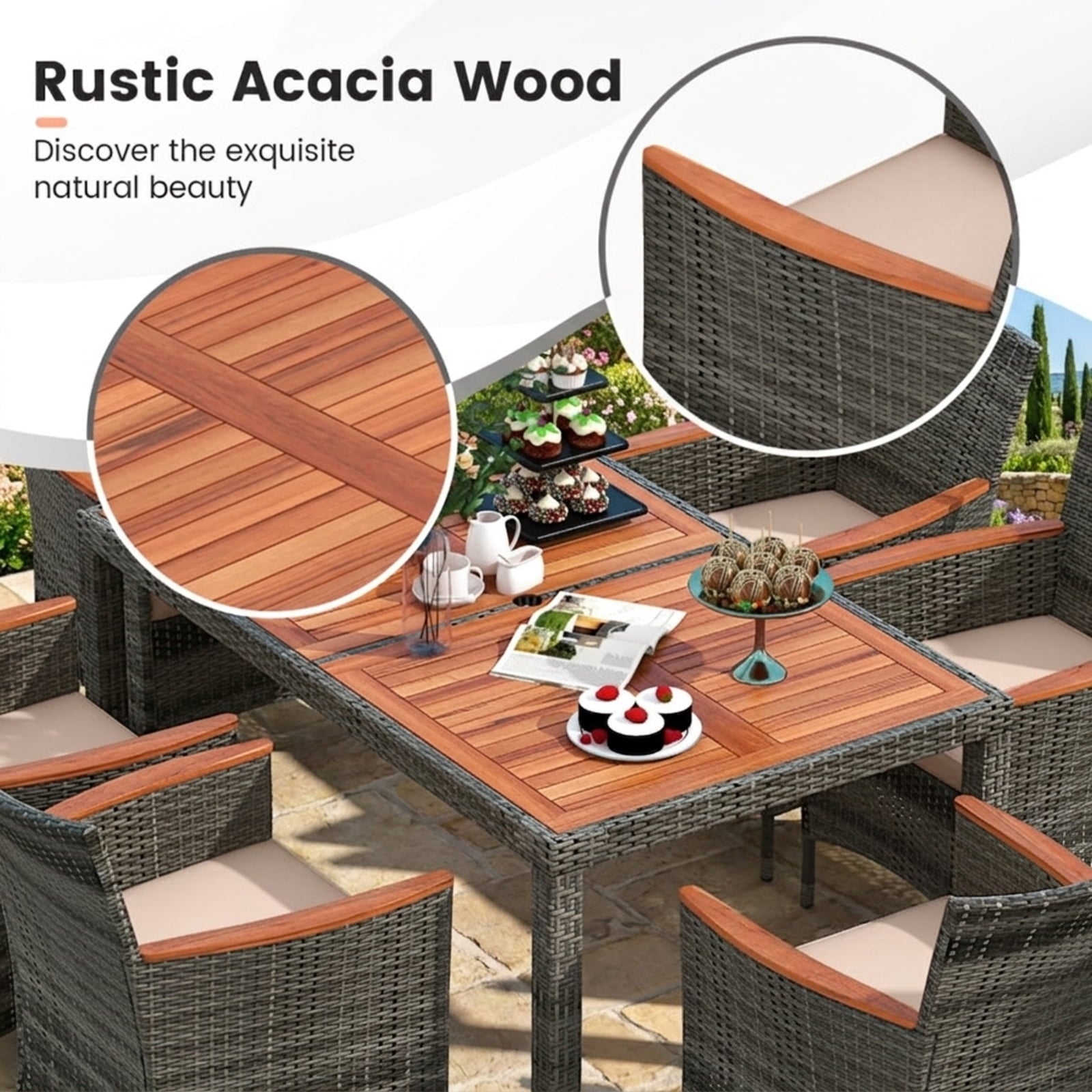 Biotree 7 Pieces Patio Acacia Wood Cushioned PE Rattan Wicker Dining Set Outdoor Conversation Set for Garden Backyard PorchGray