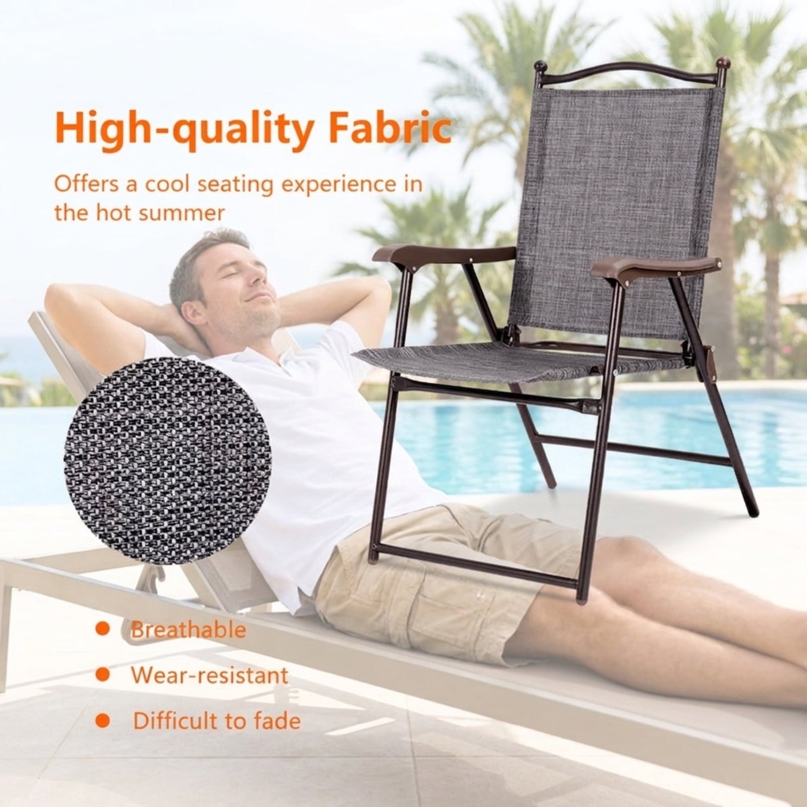 Biotree Set of 2 Patio Folding Sling Back Camping Deck Chairs Stackable Patio Chair for Garden BackyardGray