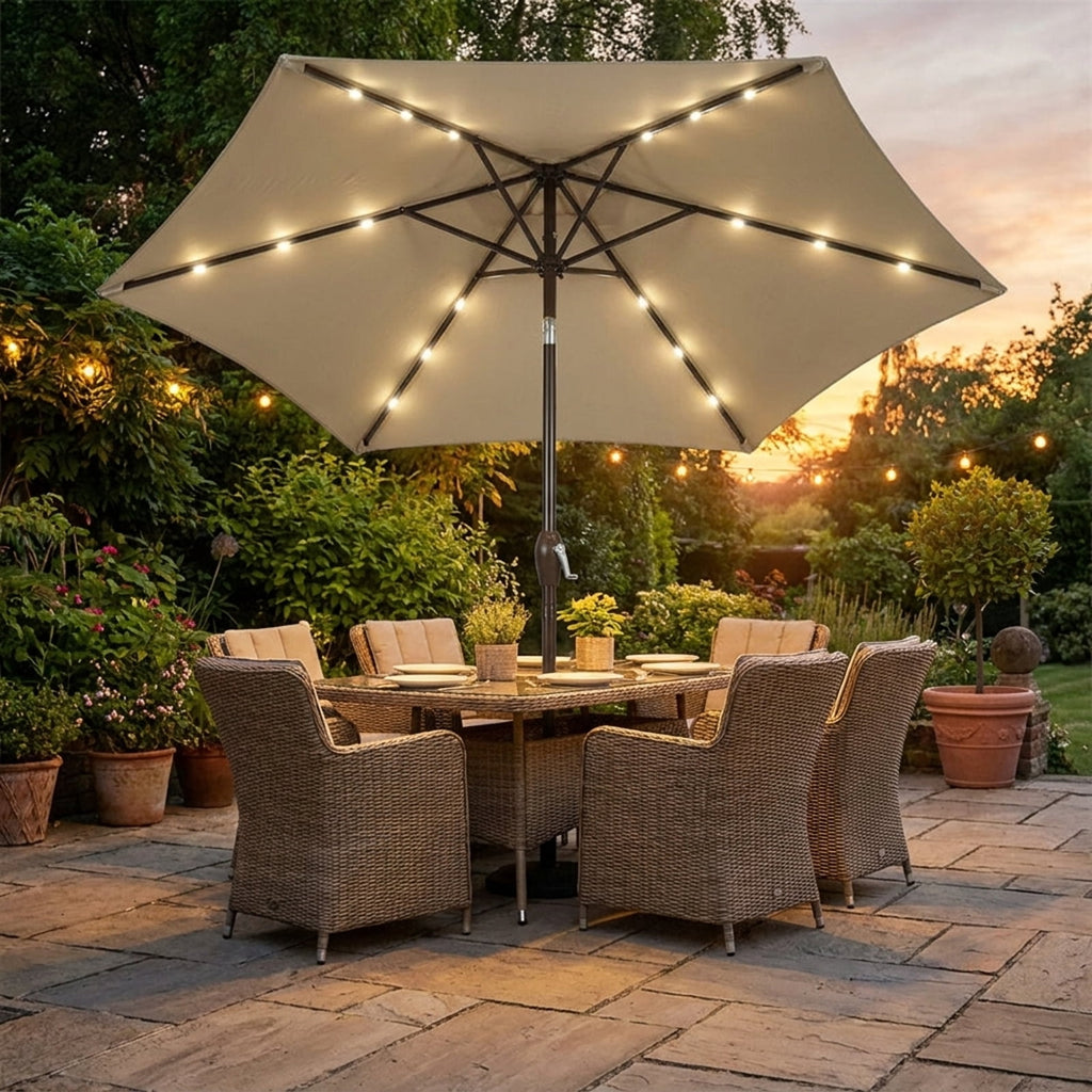 Biotree 9 ft Solar LED Market Patio Umbrella with Crank and Tilt, 6 Sturdy Ribs, Vented Canopy - Tan