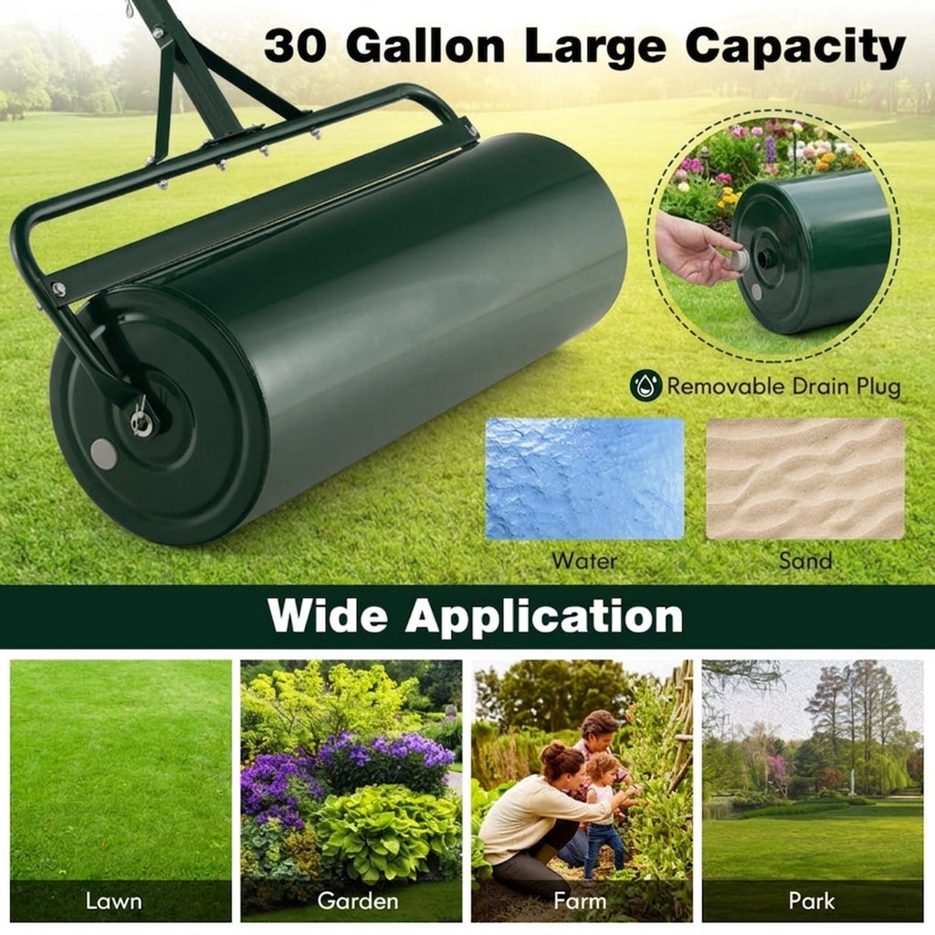 Biotree 39 Inch Wide Push/Tow Lawn Roller for Lawn Garden Yard Soil Care, Green