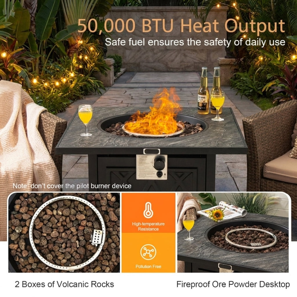 Biotree 32 Inch Propane Fire Pit Table Square Tabletop with Lava Rocks Cover 50000 BTU for Outdoor Patio Backyard Garden Camping, Black