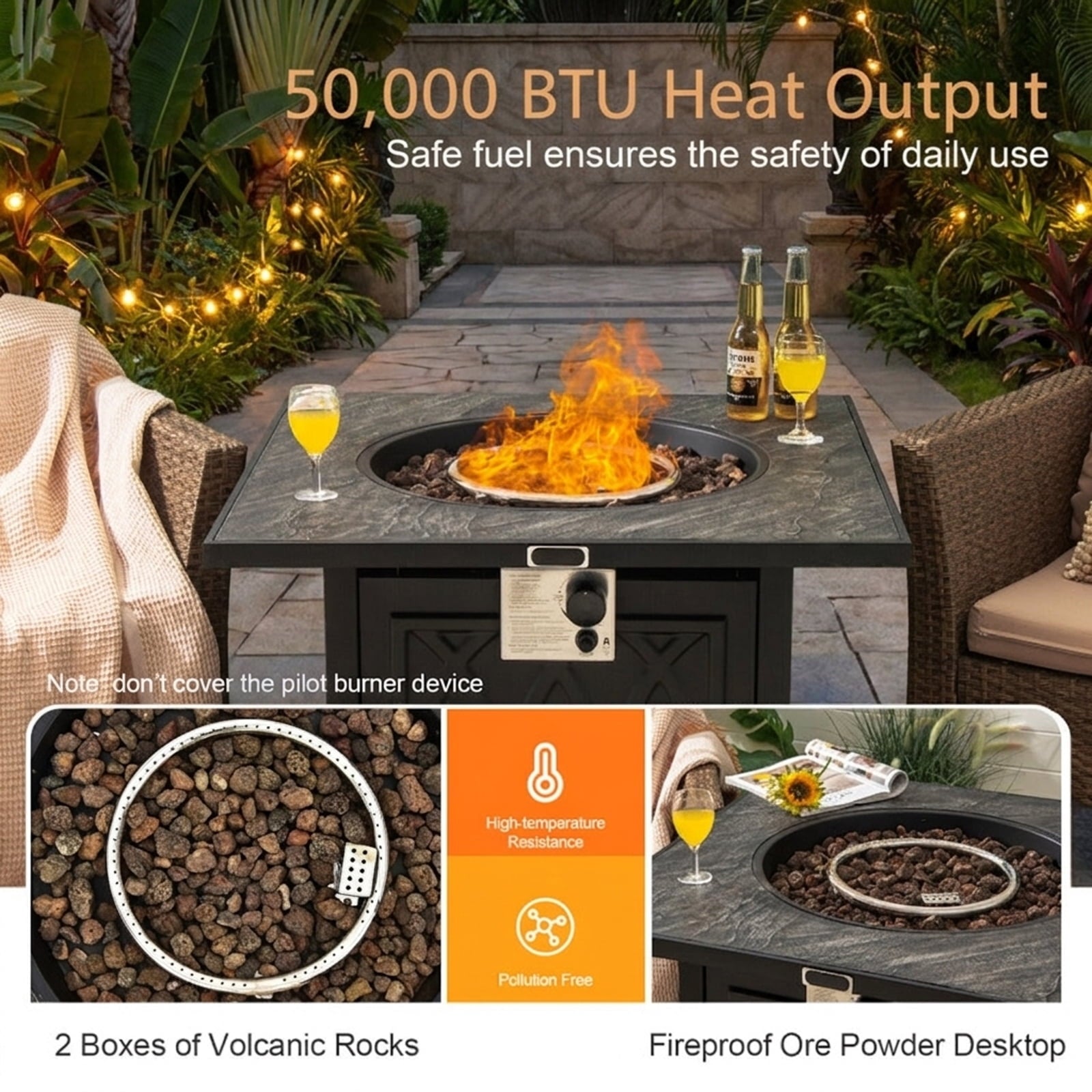 Biotree 32 Inch Propane Fire Pit Table Square Tabletop with Lava Rocks Cover 50000 BTU for Outdoor Patio Backyard Garden Camping, Black