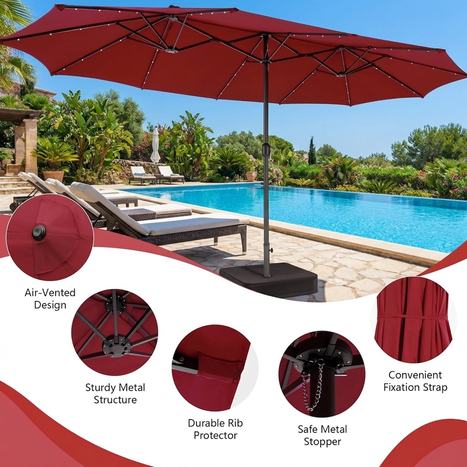 Biotree 15 Feet Double-Sided Patio Umbrella with 48 LED Lights-Dark Red Outdoor Backyard Deck Garden