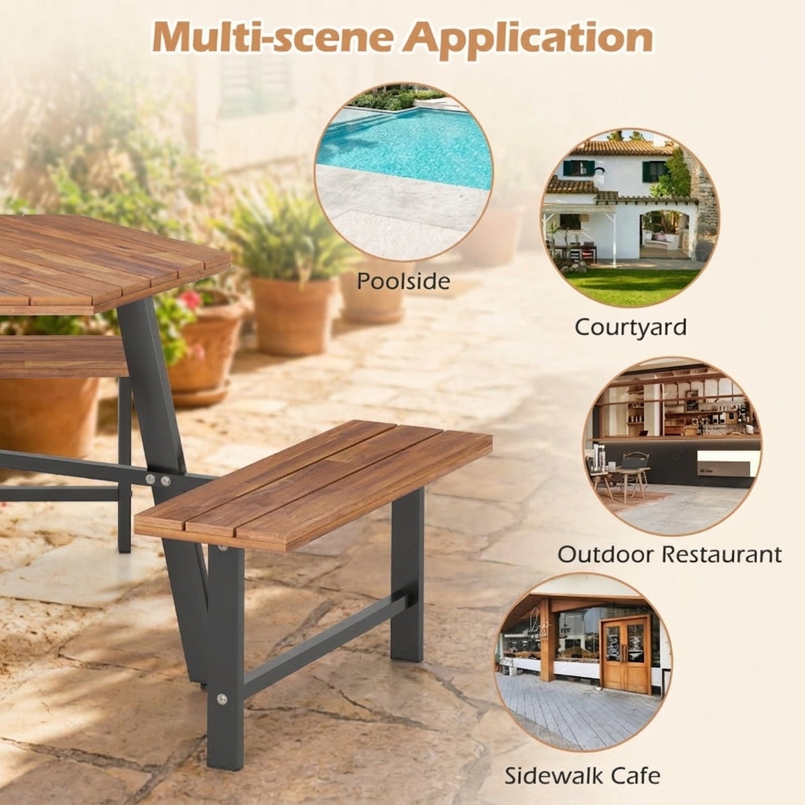 Biotree 75-Inch 6 Person Acacia Wood Picnic Table Bench Set with 3 Seats with 1.97" Umbrella Hole, Black